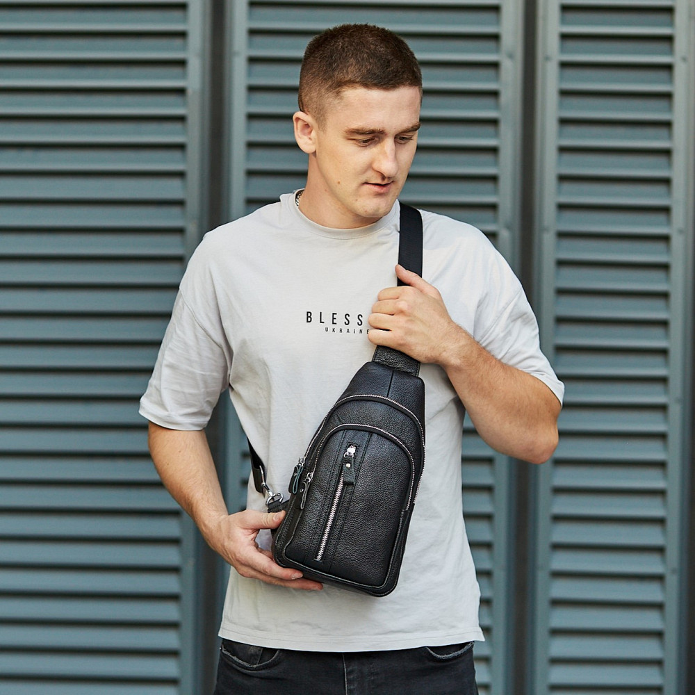 Чорна чоловіча сумка-слінг з натуральної шкіри Київ - фото 4