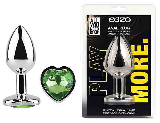 Анальна пробка з кристалом EGZO - Silver Heart Plug Green size M Sex Aura Київ