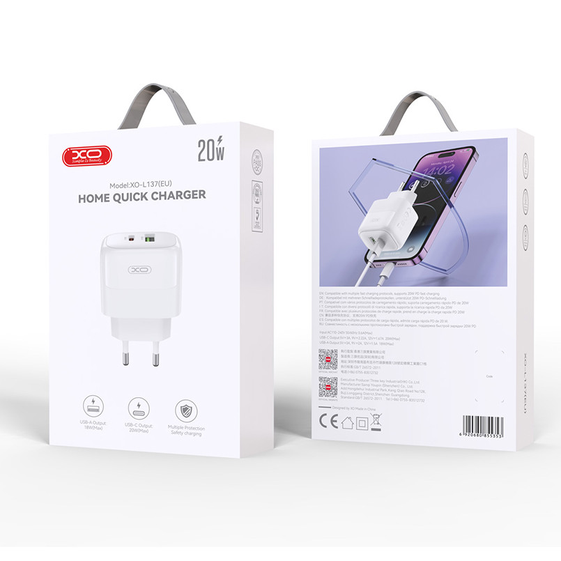 Мережевий зарядний пристрій XO L137 PD20W/QC18W 1USB-A+1USB-C білий Львів - фото 6
