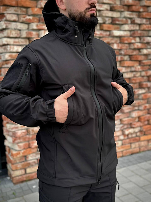 Тактический демисезонный мужской костюм soft shell черный, военная форма софт шелл с молнией Львов - изображение 4