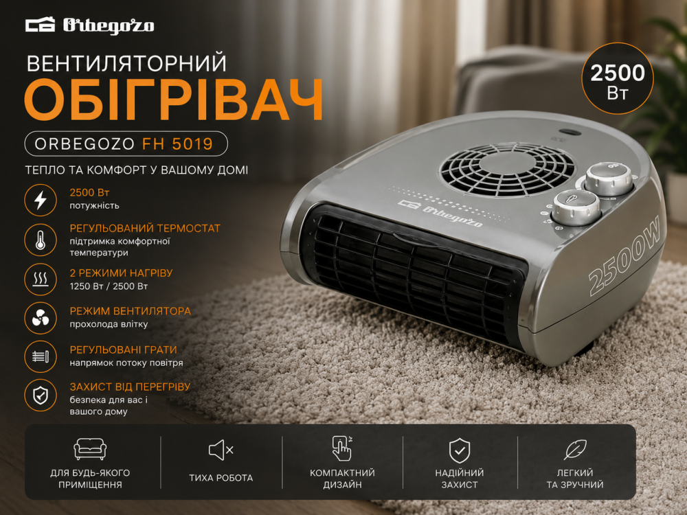 Уцінка Вентиляторний Обігрівач Orbegozo FH 5019 2500 Вт З Термостатом, Регульованими Гратами та Режимом Вентилятора Київ - фото 1