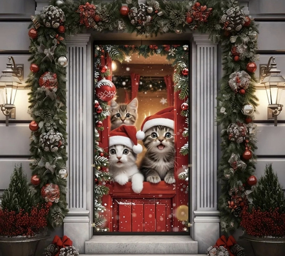 Банер на двері Різдвяний "Кошенята" 60х120 см Сміла - фото 1