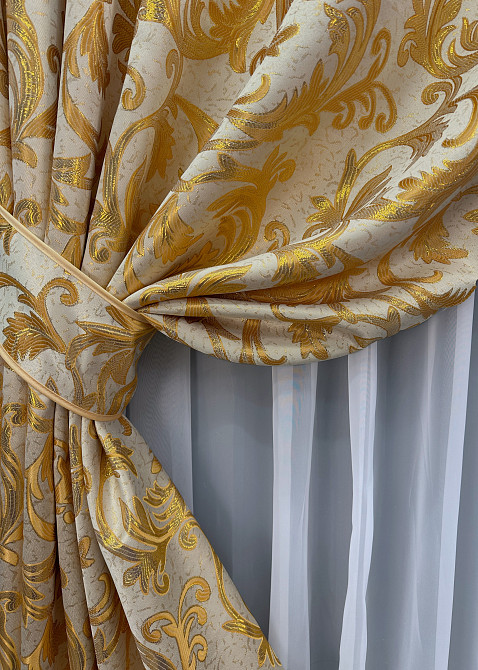 Комплект готовых штор VR-Textil Жаккард Завиток с люрексом № 1645ш Молочный с золотистым 145х170 см 2 шт (35-0266) Киев - изображение 4