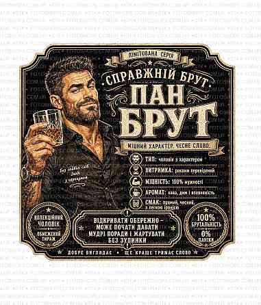 Етикетки на пляшку вина, ігристого або віскі “Пан Брут” | Прикольний подарунок чоловікові | Етикетка + контретикетка Одеса
