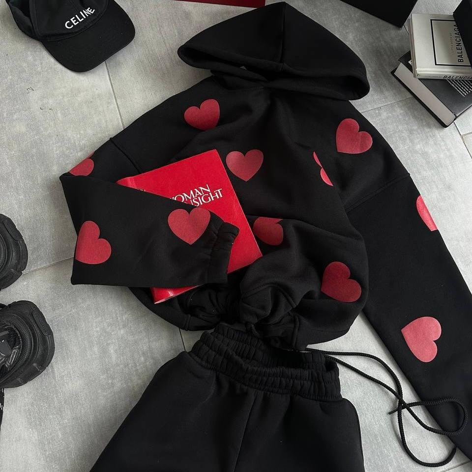 Жіночий теплий костюм-двійка з сердечками тринитка на флісі Чорний, 48/52 Одеса - фото 3