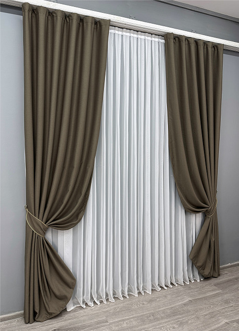 Комплект готовых штор VR-Textil Шенилл однотонный № 1591ш Кофейный 100х270 см 2 шт (31-007) Киев - изображение 3