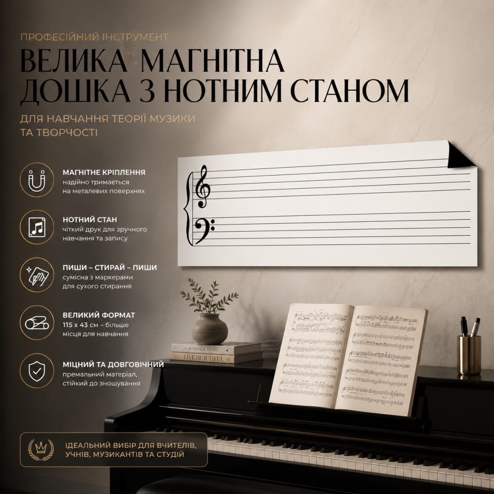 Велика магнітна дошка з нотним станом: Професійний магнітний плакат для навчання теорії музики 115x43 см Київ - фото 6