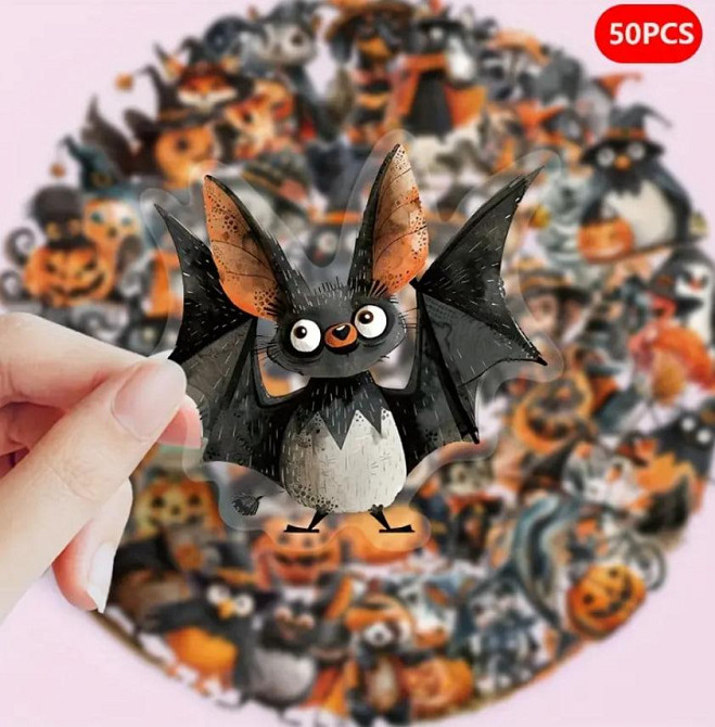 Наклейки на Хелловін 50 шт | Вінілові стікери “Тварини та відьмочка” водостійкі Київ - фото 3