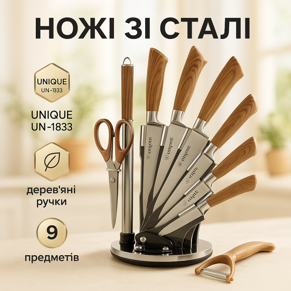 Кухонный нож из нержавеющей стали металлический UNIQUE, Набор ножей резаков, Бюджетные кухонные ножи DG-73 Львов - изображение 15