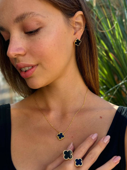 Van Cleef набір 3 предмети /сережки, підвіска, кільце / чорний під онікс / лимонне золото AU 750 / проба, гравіювання Одеса - фото 3