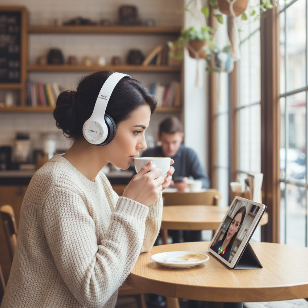 Бездротові Bluetooth навушники з мікрофоном та Mp3 плеєром, P47, Білий / Стерео гарнітура / Накладні навушники блютуз Київ - фото 9