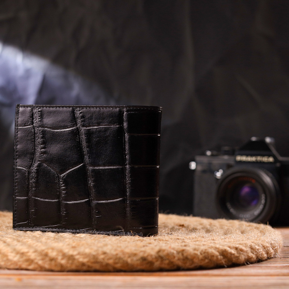 Якісний гаманець для чоловіків у два складення з натуральної фактурної шкіри з тисненням під крокодила CANPELLINI 21584 Чорний Київ - фото 10