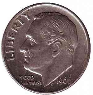 Рузвельт. Монета 10 центов. 1966,67,86,92 год, США. (Д) Полтава