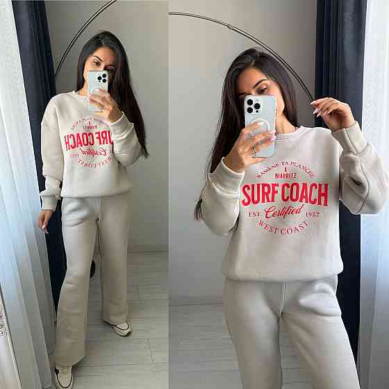 Жіночий теплий оверсайз костюм-двійка: кофта та штани турецька тринитка пеньє на флісі Молочний, 42/46 Одеса