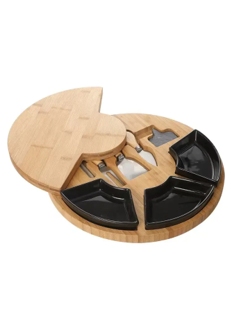 Дошка для сиру і закусок бамбукова кругла з ножами, дерев'яна менажниця діаметр 33 см колір чорний Кам'янець-Подільський