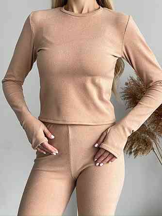 Жіноча повсякденна термобілизна: лонгслів і штани з тканини пума Бежевий, S-M Одеса