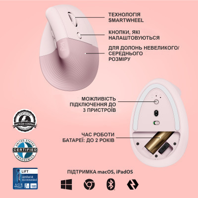 Мышка Logitech Lift Vertical Ergonomic Wireless/Bluetooth Rose (910-006478) Винница - изображение 6