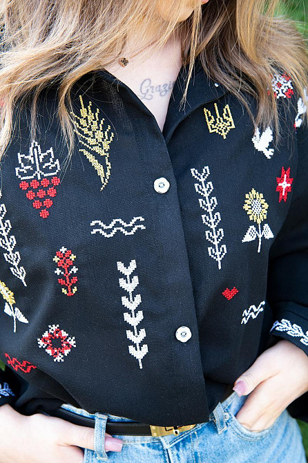 Жіноча сорочка з вишивкою, вишиванка з довгим рукавом лляна чорна топ Київ - фото 3