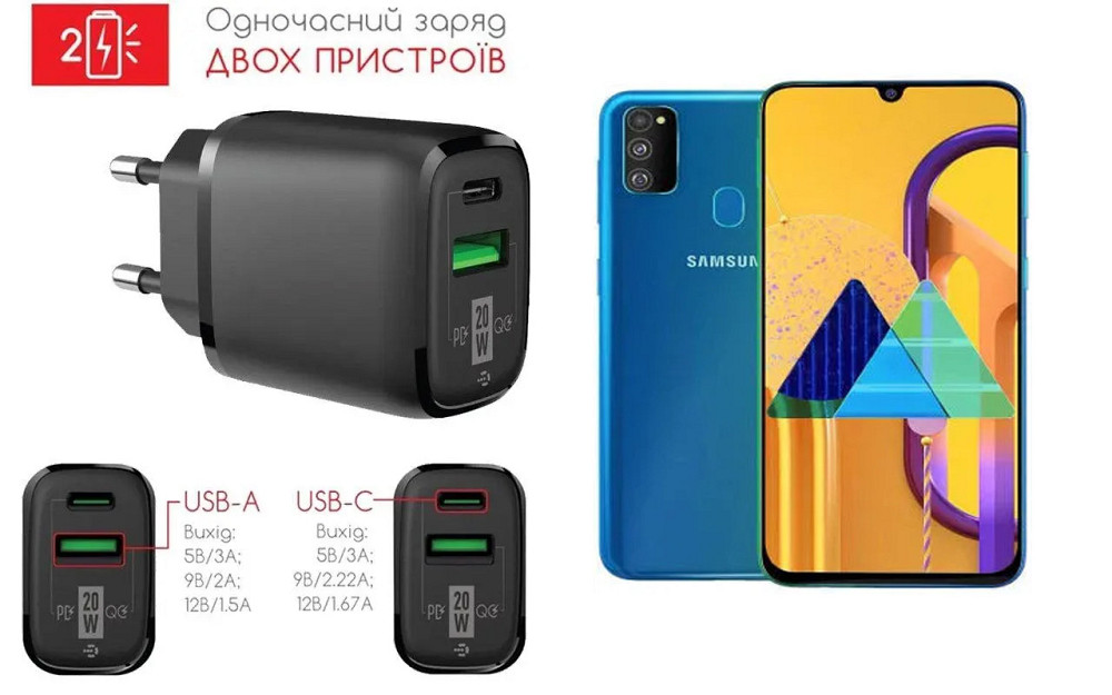Сетевое зарядное устройство для Samsung Galaxy M30, Galaxy M30s, 20W 3A, Quick Charge 3.0 Киев - изображение 1
