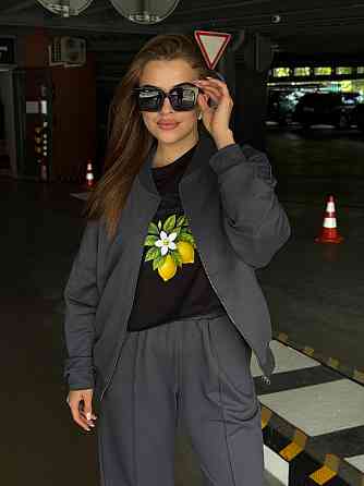 Женский трикотажный костюм оверсайз с широкими брюками Графит M-L Харьков