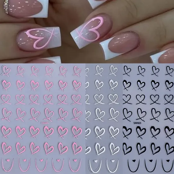Стикеры для ногтей сердца 3D – 3 листа, черные, белые, розовые Киев
