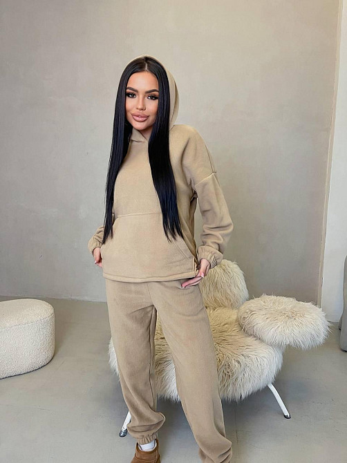 Женский теплый прогулочный костюм двойка: худи и штаны двусторонний флис Беж, 46/48 Одесса - изображение 1