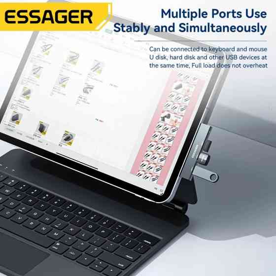 Хаб Essager EHBC03-FY0G-P Type-C 3в1 (Сірий) Николаев