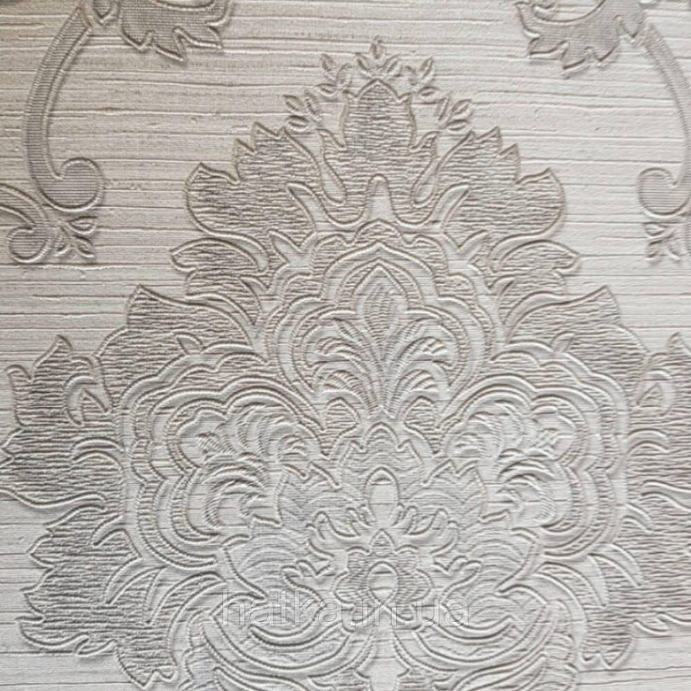 Шпалери вінілові на флізелін Grandeco Montana A45003 метрові вензелі сірі сріблом на ясно сірому під тканина Київ - фото 3
