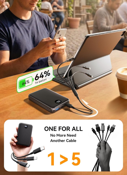 Power Bank LKOYY 27000 мАг, швидка зарядка, USB-C, 2×USB-A, LCD-дисплей, кабель 3-в-1, чорний Київ - фото 6