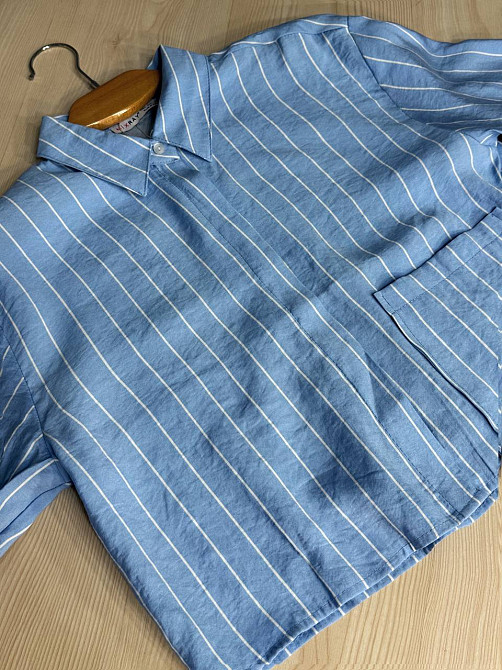 Сорочка жіноча Mix Ray 4447 укорочена з кишенею у тонку смужку блакитна, блакитний, M Київ - фото 3