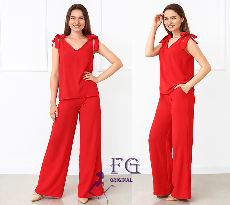 Літній жіночий костюм із широкими штанами "Ясмин" оптом | Норма та батал | Розпродаж моделі Червоний, 42 Київ - фото 2