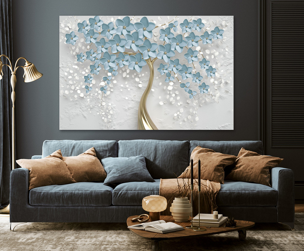 Картина холст в гостиную / спальню  Дерево сині квіти   MLP_177 70x140 см Киев - изображение 3