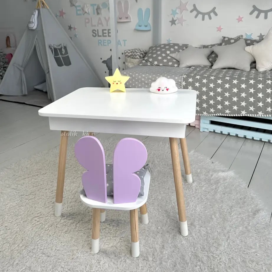 Дитячий столик білий і стільчик фіолетовий метелик. Столик із нішею для олівців і розмальовок Київ - фото 1