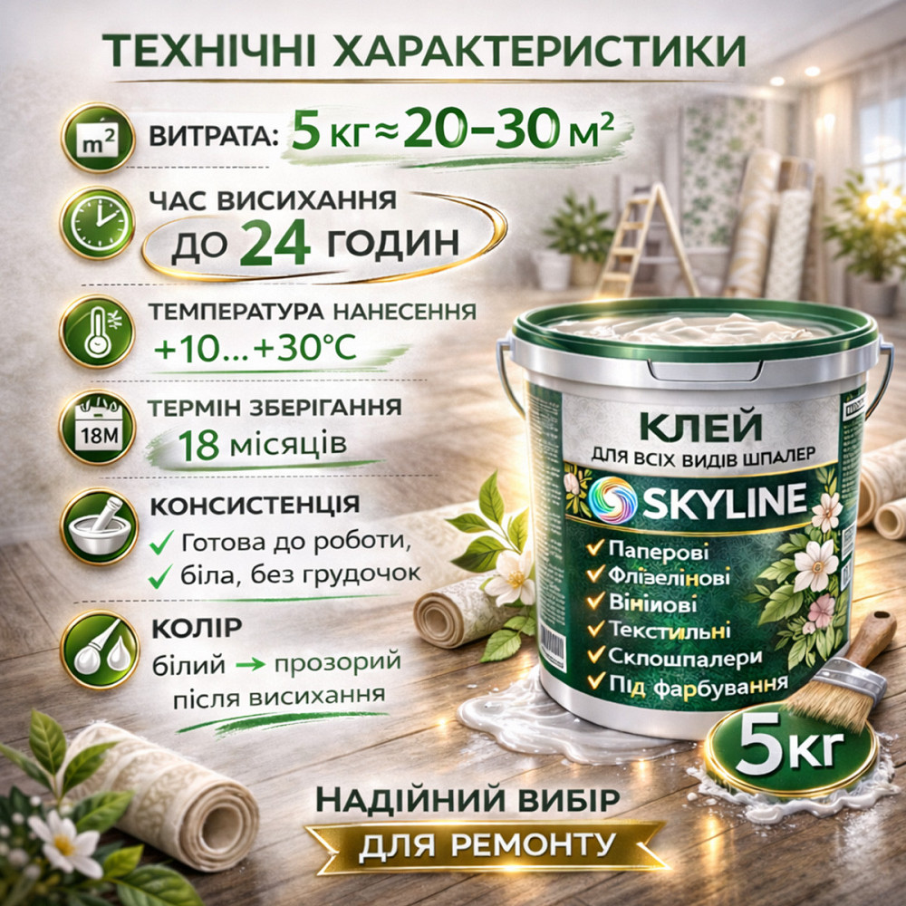 Клей для шпалер Skyline 5 кг універсальний суперміцний для скловолокна і важких шпалер, готовий без запаху Харків - фото 8