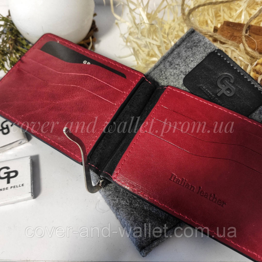 Стильний затискач для грошей та карток з натуральної шкіри червоний з чорним Grande Pelle Onda Київ - фото 4