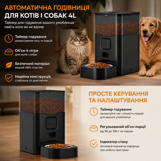 Автоматична годівниця для котів і собак 4L з таймером годування | Розумна годівниця для тварин | Диспенсер корму Київ