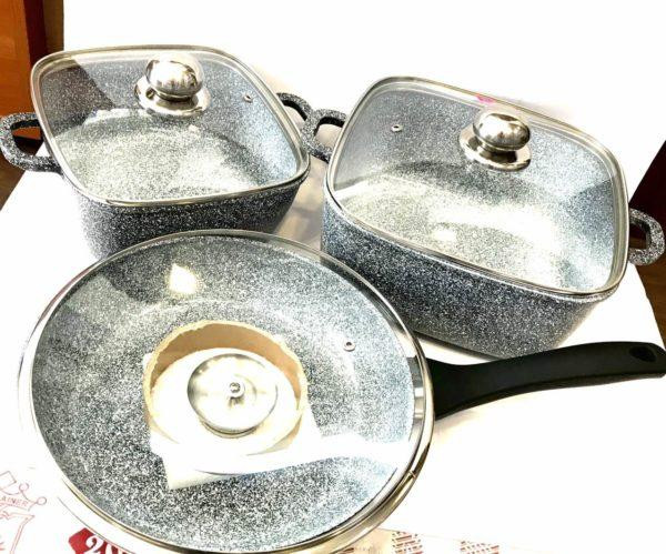 BN-326 (2)-Набор квадратн кастрюль 3л 5л и сковорода 26*5,5см Гранитное покр. светлое Одесса - изображение 1