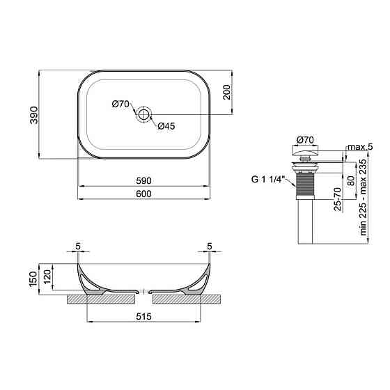 Комплект Qtap Robin: Раковина накладна прямокутна 600x390x150 мм Matt Black + Донний клапан PU03 Київ