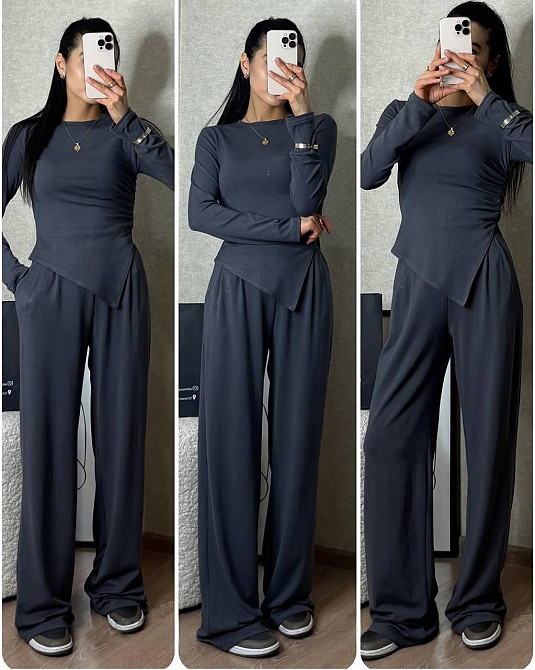 Женский базовый прогулочный костюм двойка: лонгслив и штаны вискоза Графит, 42/44 Одесса - изображение 1