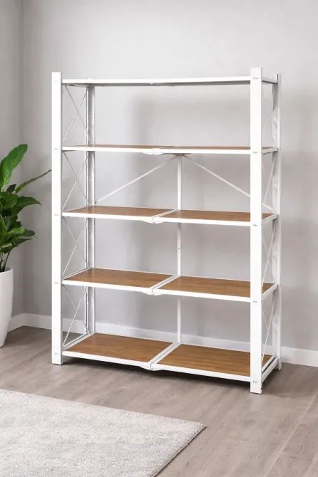 Стеллаж мобильный пятиярусный универсальный складной из нержавеющей сталис деревянными полками Коломия - фото 1