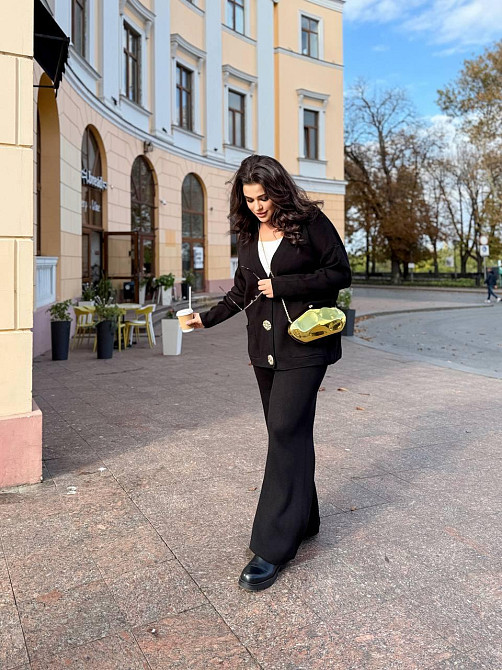 Женский базовый прогулочный костюм: кофта и штаны мелкая машинная вязка Черный Одесса - изображение 4