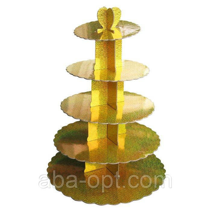 Стенд п'ятиярусний картонний круглий для капкейків золотого кольору з голограмою (шт) Одеса - фото 1