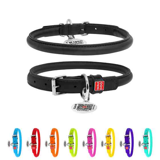Нашийник для собак шкіряний WAUDOG Glamour з QR паспортом, круглий, Д 10 мм, Дов 33-41 см чорни Коломыя