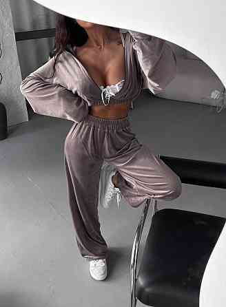 Женский плюшевый прогулочный костюм двойка: кофта и штаны турецкий велюр Бежевый, 42/44 Одесса