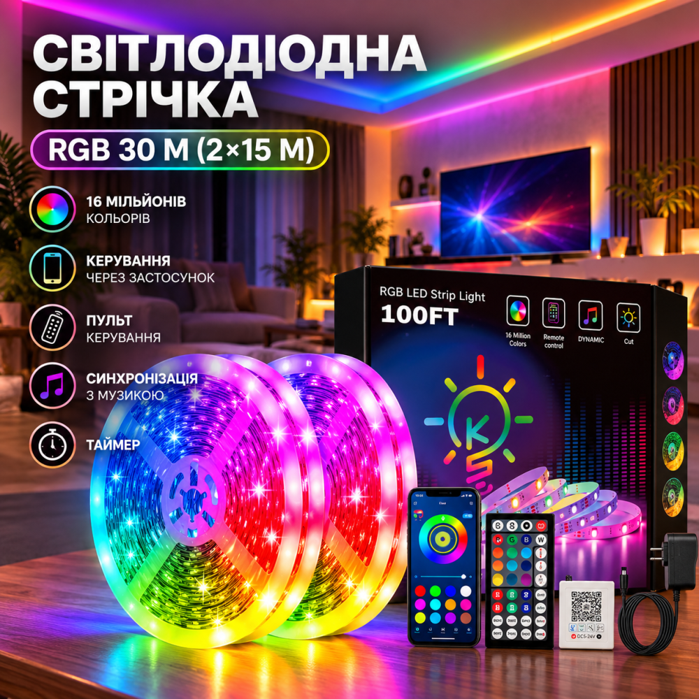 Світлодіодна стрічка Keepsmile 30 м (2×15 м), RGB, Bluetooth, керування через застосунок і пульт, синхронізація з музикою, таймер Київ - фото 1