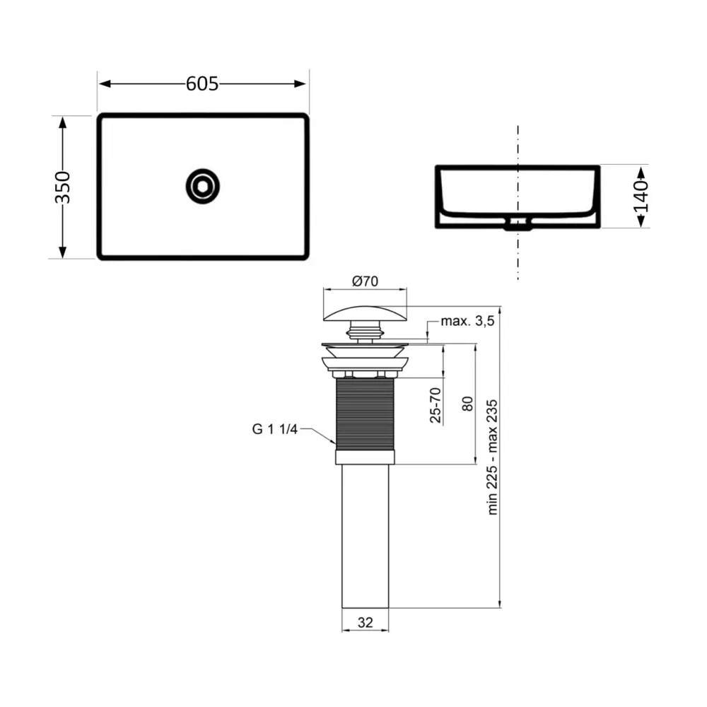 Комплект Qtap Tern: Раковина накладная прямоугольная 610x350x135 мм WHITE + Донный клапан PU02 Киев - изображение 2