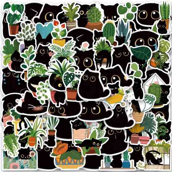 Набор наклеек с черными котами и растениями 50 шт, виниловые декоративные стикеры Киев