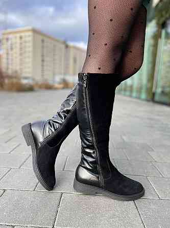 Чоботи жіночі зимові комбіновані натуральна шкіра + замша чорні на низькому ходу 5191 Коломыя