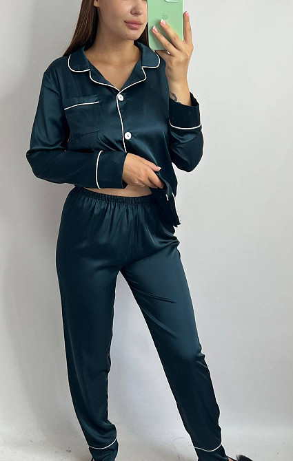 Комплект шелковый тройка рубашка с шортами и штанами Темно-изумрудный XL Харьков - изображение 6