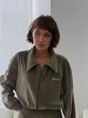 Женский стильный повседневный велюровый костюм Оливковый, 46/48 Одесса